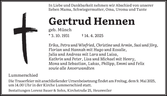 Traueranzeige von Gertrud Hennen von saarbruecker_zeitung