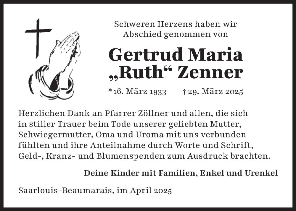  Traueranzeige für Gertrud Maria Zenner vom 24.04.2025 aus saarbruecker_zeitung