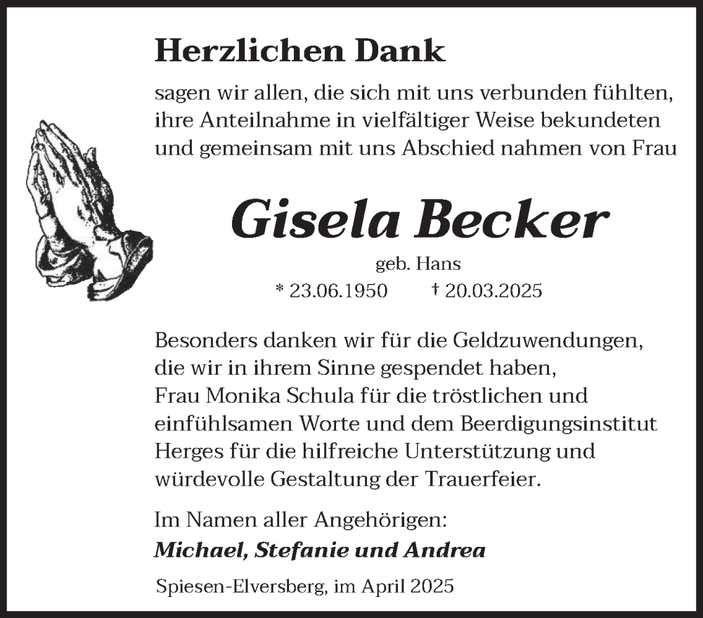  Traueranzeige für Gisela Becker vom 12.04.2025 aus saarbruecker_zeitung