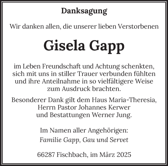 Traueranzeige von Gisela Gapp von saarbruecker_zeitung