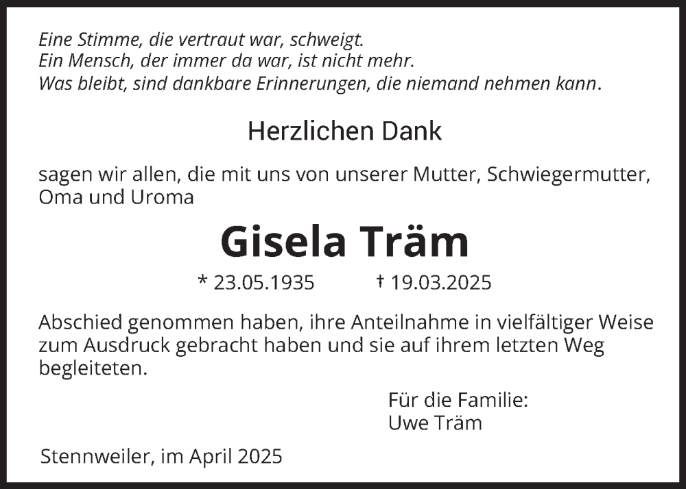  Traueranzeige für Gisela Träm vom 12.04.2025 aus saarbruecker_zeitung