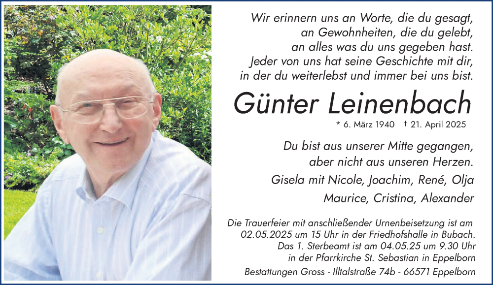  Traueranzeige für Günter Leinenbach vom 26.04.2025 aus saarbruecker_zeitung
