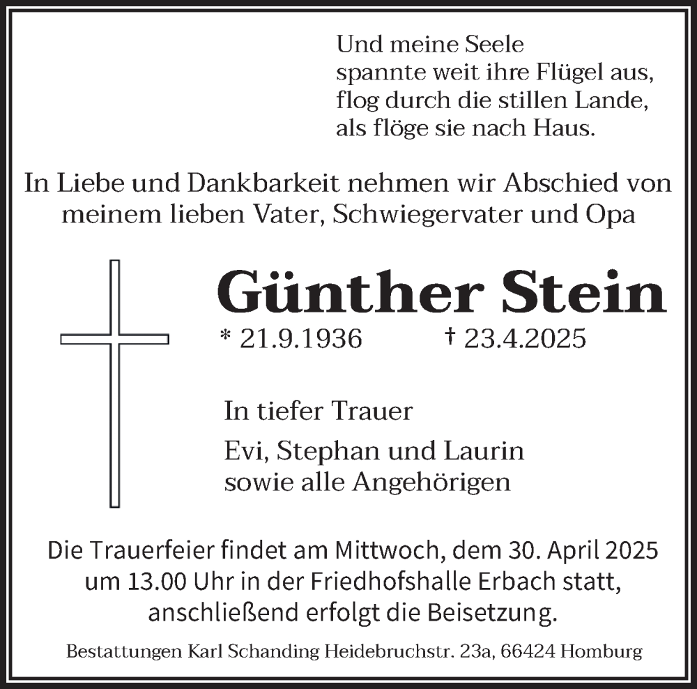  Traueranzeige für Günther Stein vom 26.04.2025 aus saarbruecker_zeitung