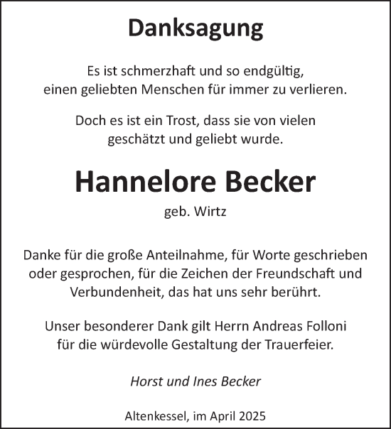 Traueranzeige von Hannelore Becker von saarbruecker_zeitung