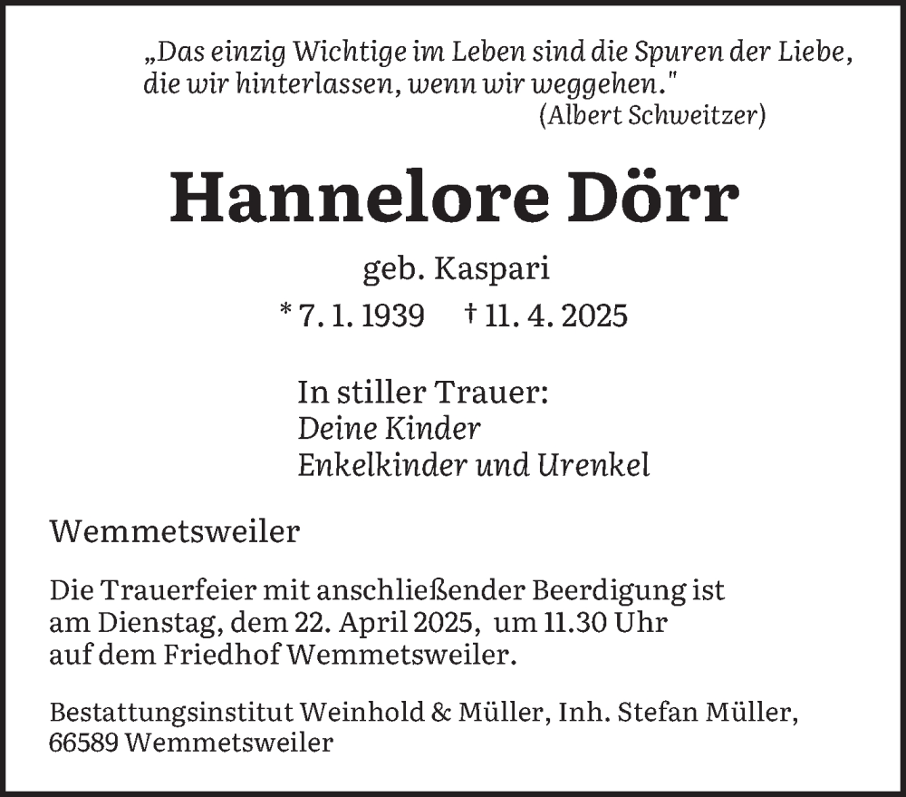  Traueranzeige für Hannelore Dörr vom 19.04.2025 aus saarbruecker_zeitung