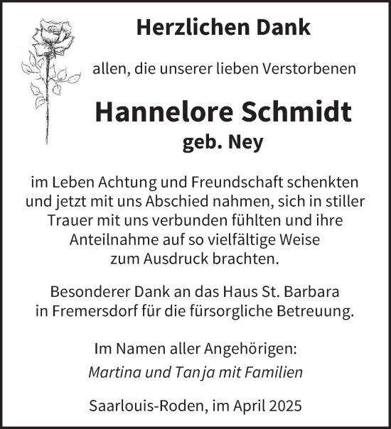 Traueranzeige von Hannelore Schmidt von saarbruecker_zeitung