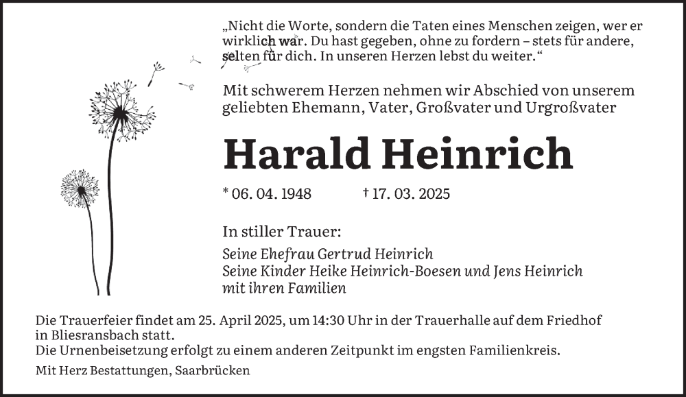  Traueranzeige für Harald Heinrich vom 19.04.2025 aus saarbruecker_zeitung