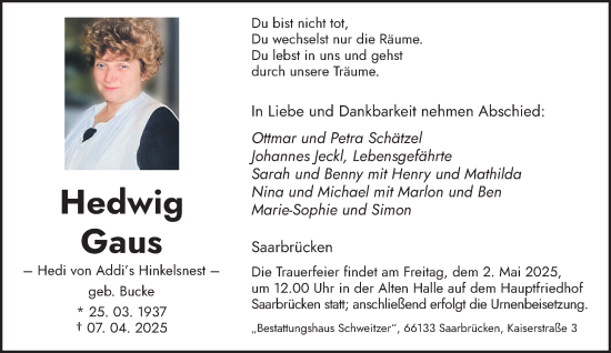 Traueranzeige von Hedwig Gaus von saarbruecker_zeitung