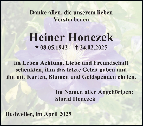 Traueranzeige von Heiner Honczek von saarbruecker_zeitung