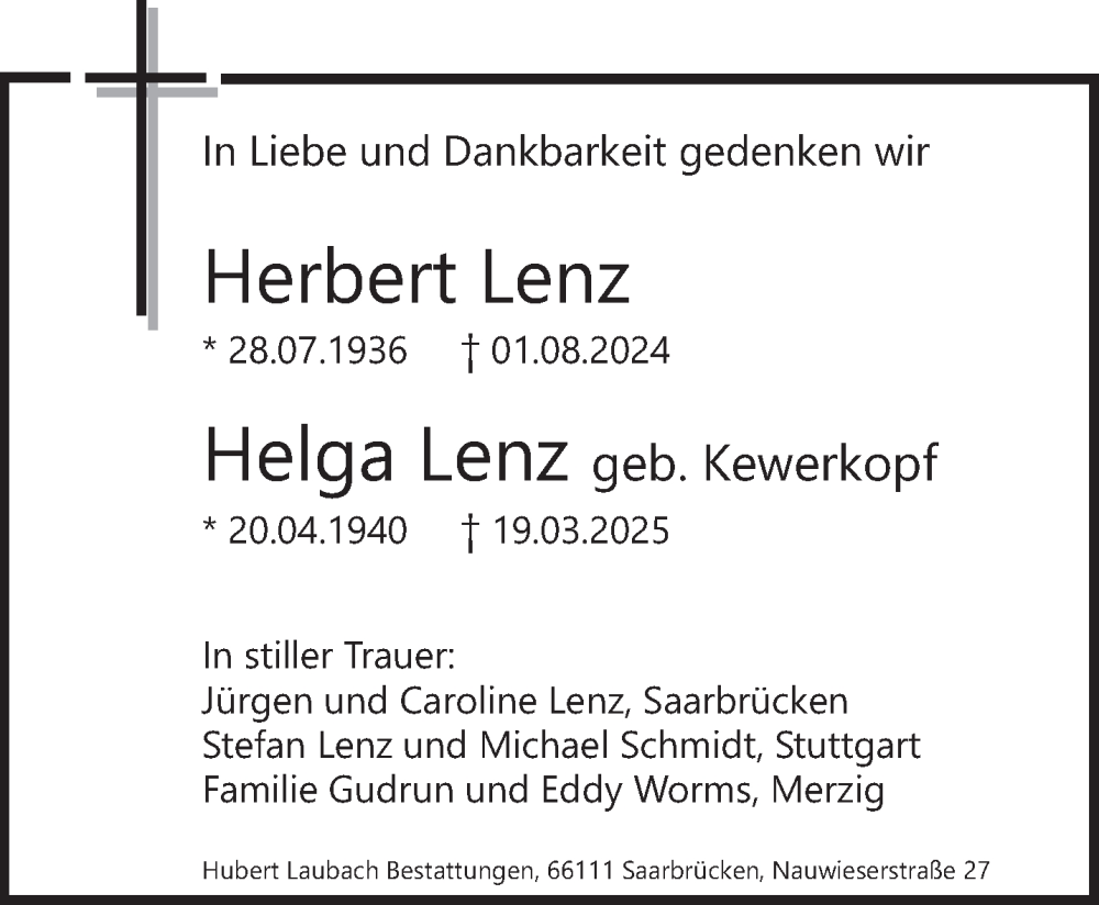  Traueranzeige für Helga Lenz vom 28.04.2025 aus saarbruecker_zeitung