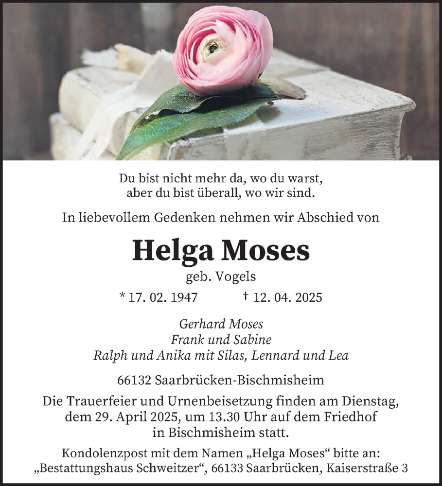  Traueranzeige für Helga Moses vom 19.04.2025 aus saarbruecker_zeitung