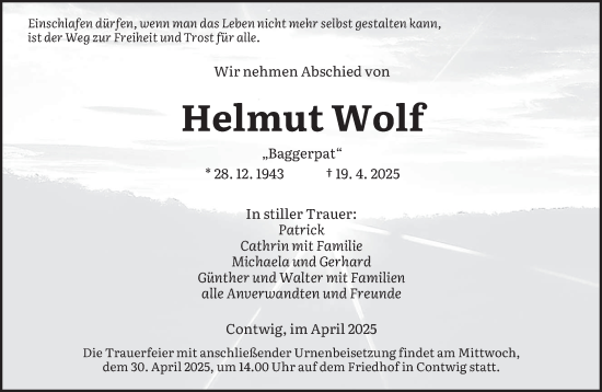 Traueranzeige von Helmut Wolf von saarbruecker_zeitung