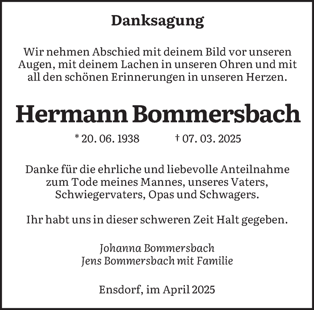  Traueranzeige für Hermann Bommersbach vom 19.04.2025 aus saarbruecker_zeitung