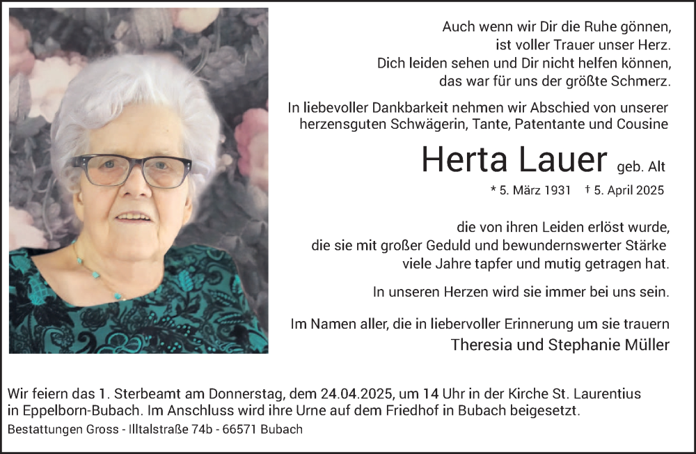  Traueranzeige für Herta Lauer vom 19.04.2025 aus saarbruecker_zeitung