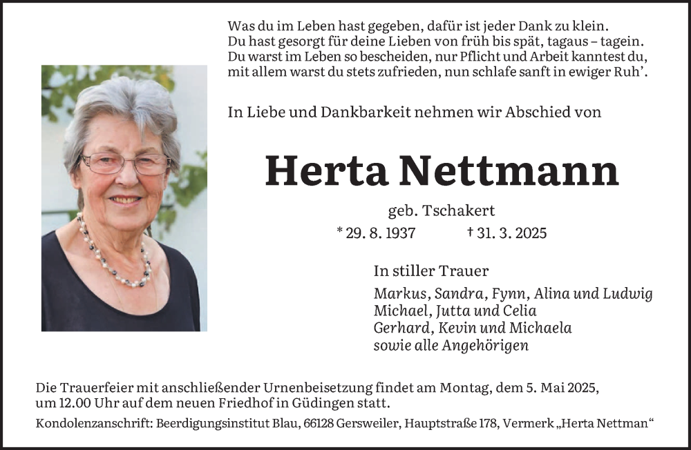  Traueranzeige für Herta Nettmann vom 26.04.2025 aus saarbruecker_zeitung