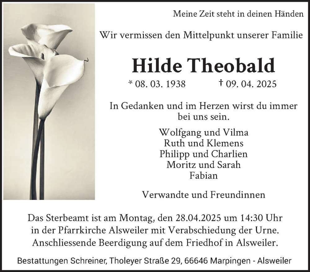  Traueranzeige für Hilde Theobald vom 26.04.2025 aus saarbruecker_zeitung