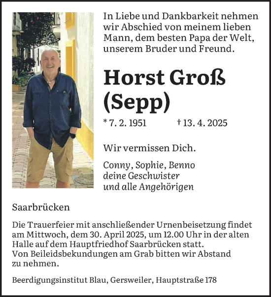 Traueranzeige von Horst Groß von saarbruecker_zeitung