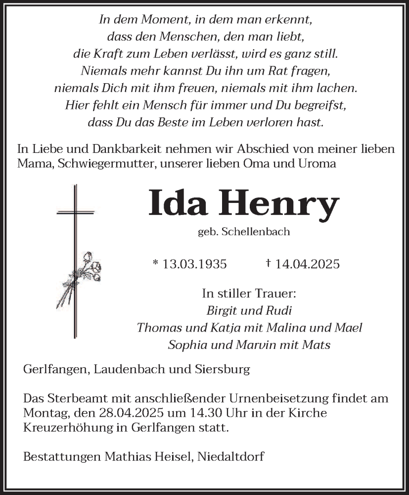  Traueranzeige für Ida Henry vom 24.04.2025 aus saarbruecker_zeitung