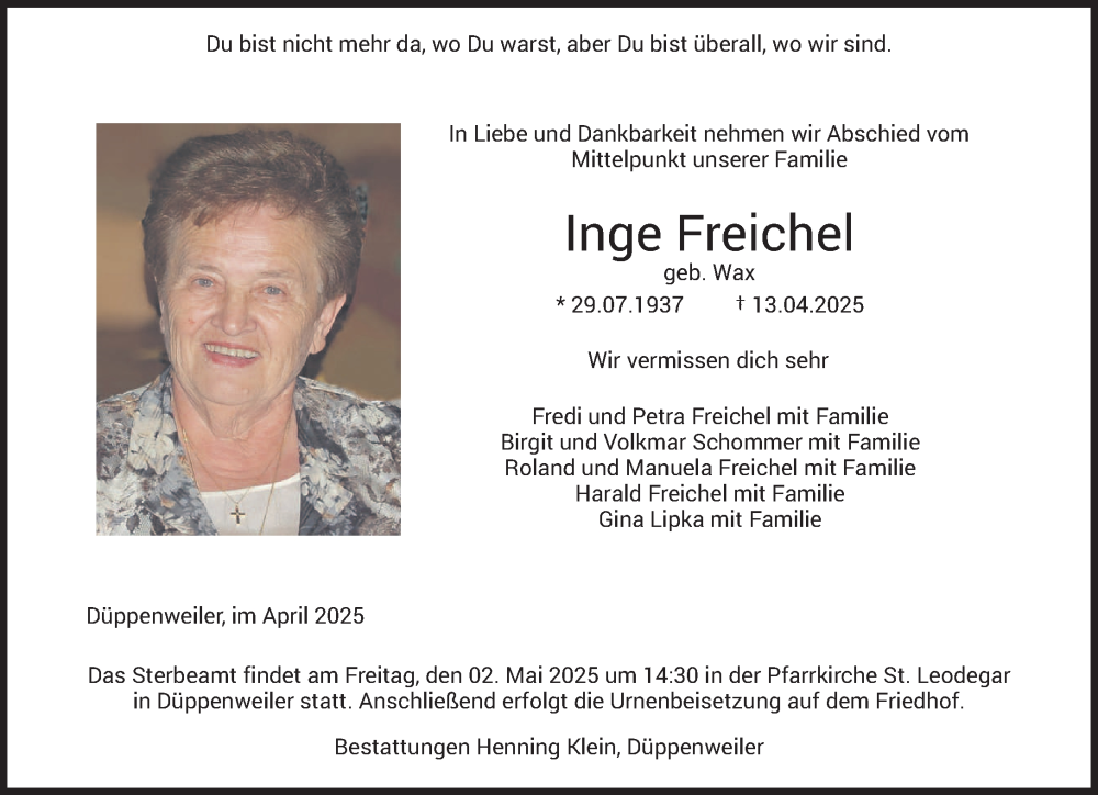  Traueranzeige für Inge Freichel vom 26.04.2025 aus saarbruecker_zeitung