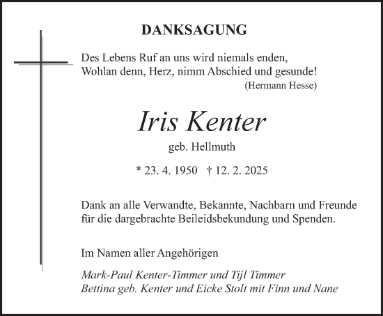 Traueranzeige von Iris Kenter von saarbruecker_zeitung
