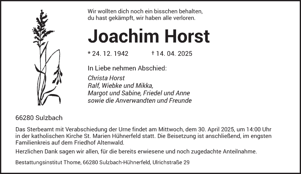  Traueranzeige für Joachim Horst vom 26.04.2025 aus saarbruecker_zeitung