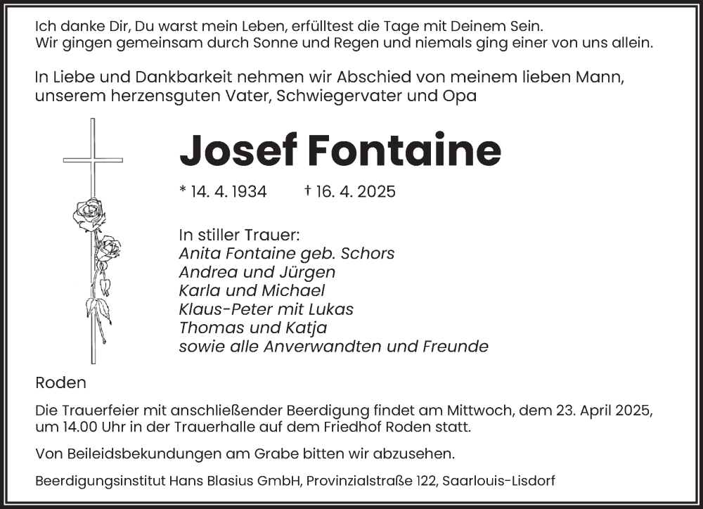  Traueranzeige für Josef Fontaine vom 19.04.2025 aus saarbruecker_zeitung