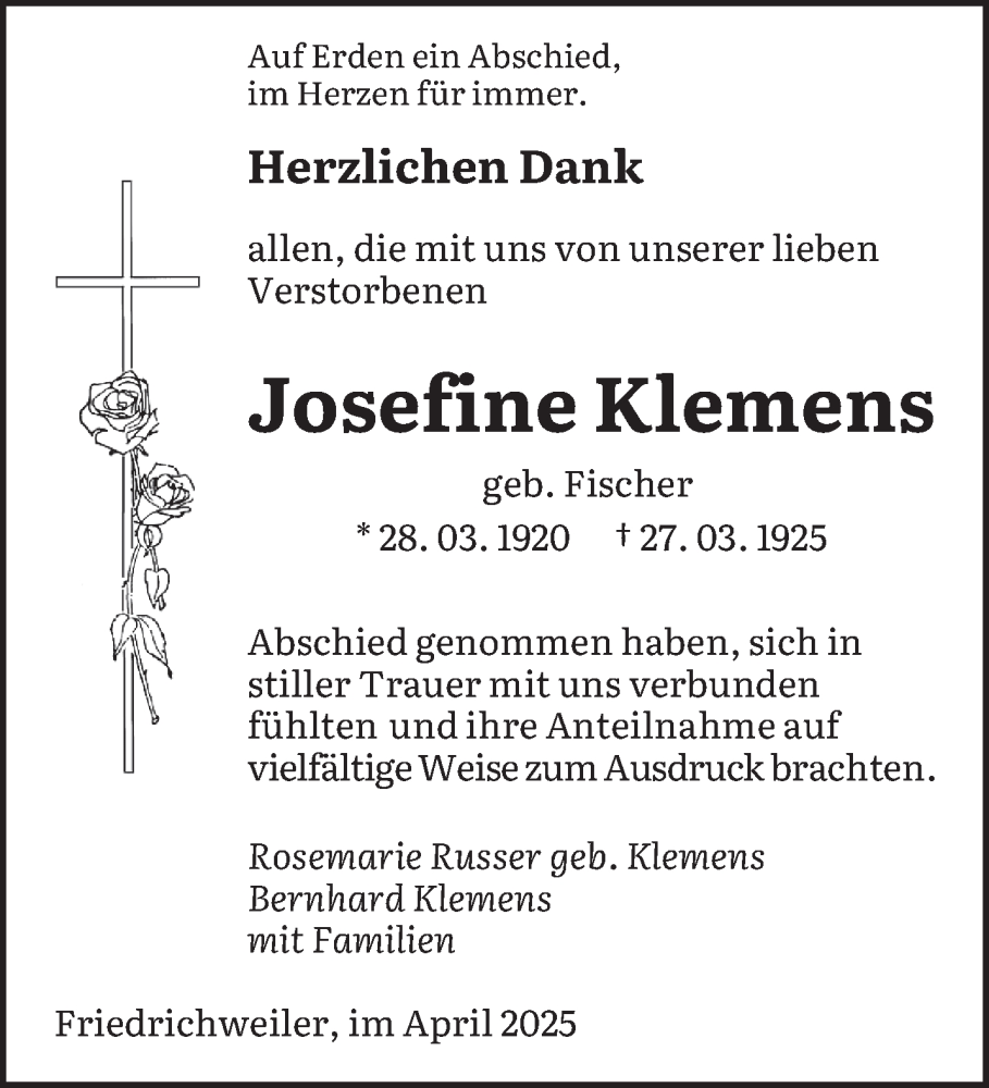  Traueranzeige für Josefine Klemens vom 19.04.2025 aus saarbruecker_zeitung