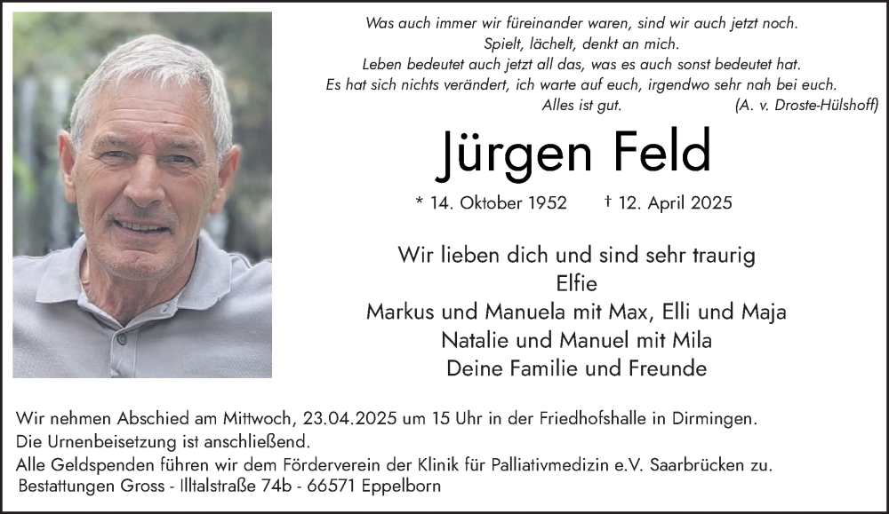  Traueranzeige für Jürgen Feld vom 19.04.2025 aus saarbruecker_zeitung