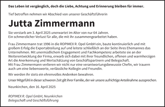 Traueranzeige von Jutta Zimmermann von saarbruecker_zeitung