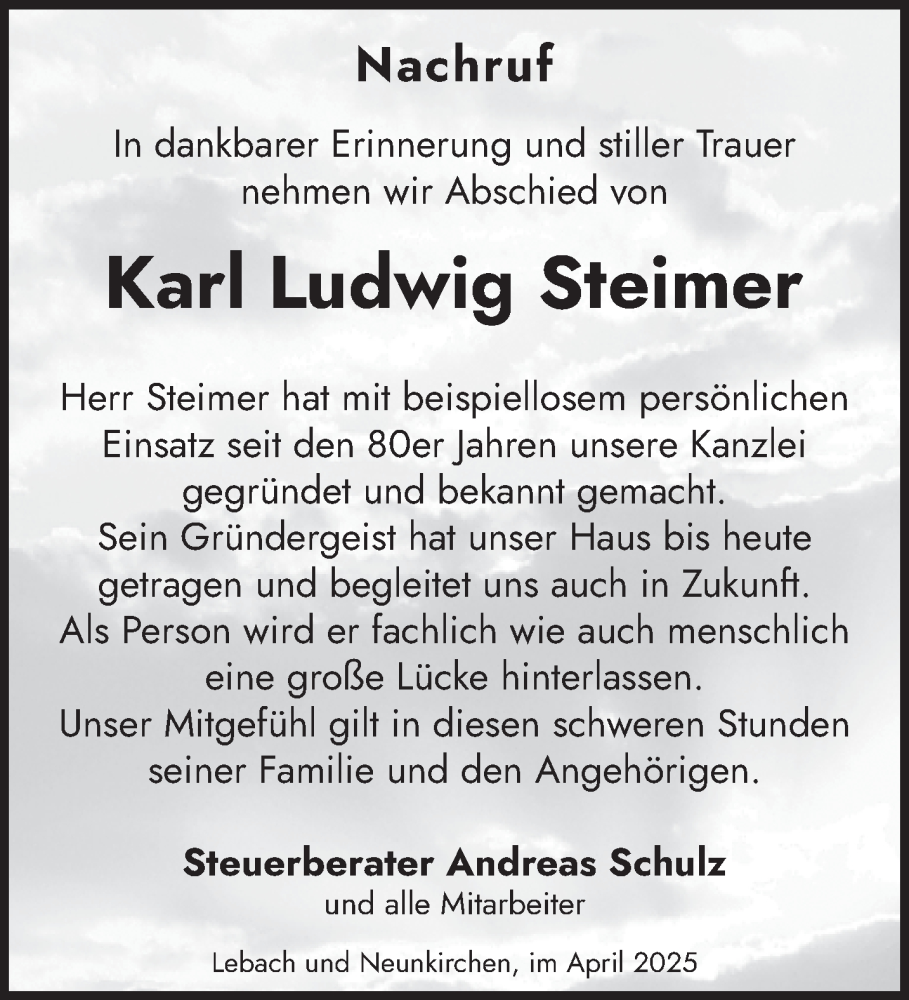  Traueranzeige für Karl Ludwig Steimer vom 19.04.2025 aus saarbruecker_zeitung