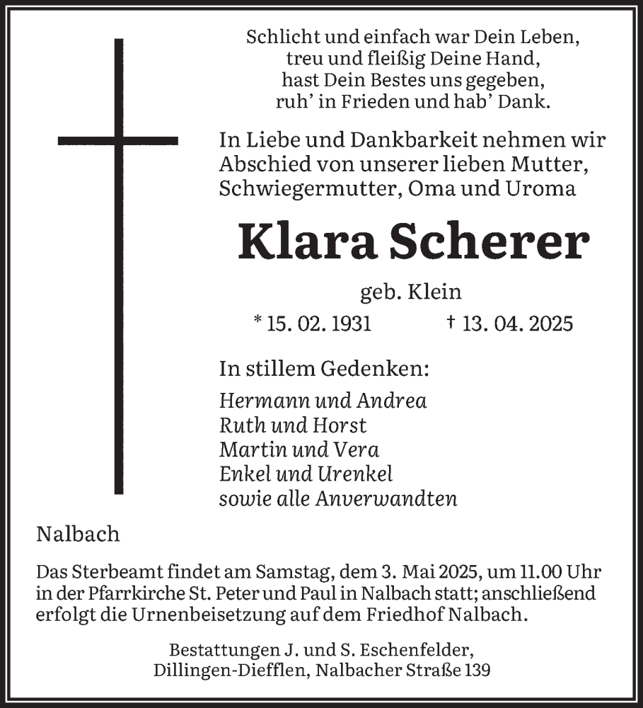  Traueranzeige für Klara Scherer vom 26.04.2025 aus saarbruecker_zeitung