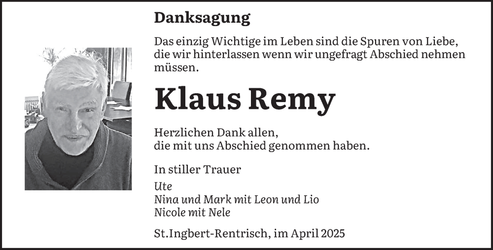  Traueranzeige für Klaus Remy vom 05.04.2025 aus saarbruecker_zeitung