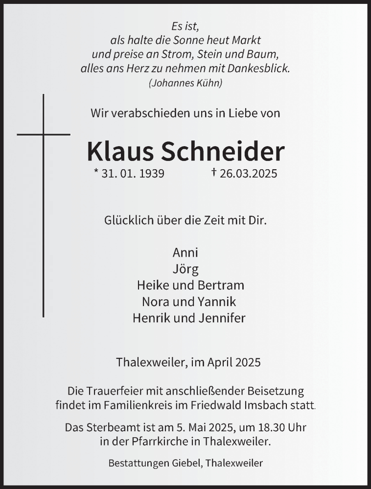  Traueranzeige für Klaus Schneider vom 19.04.2025 aus saarbruecker_zeitung