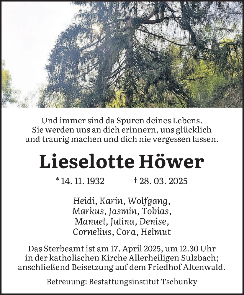  Traueranzeige für Lieselotte Höwer vom 12.04.2025 aus saarbruecker_zeitung
