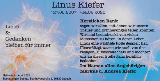 Traueranzeige von Linus Kiefer von saarbruecker_zeitung