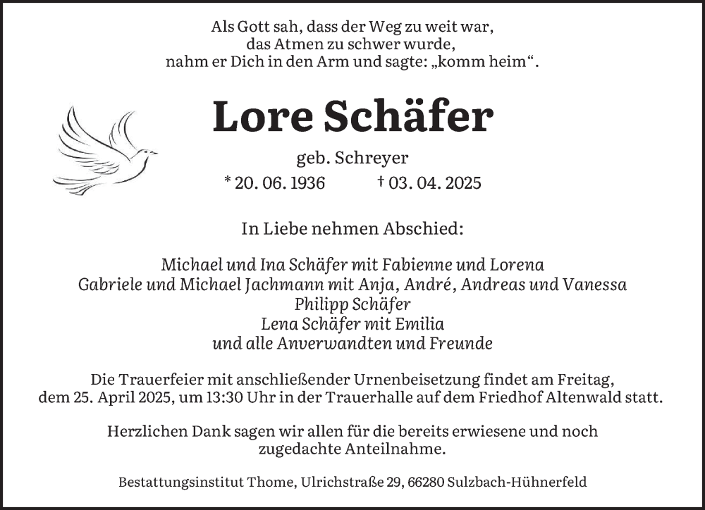  Traueranzeige für Lore Schäfer vom 19.04.2025 aus saarbruecker_zeitung