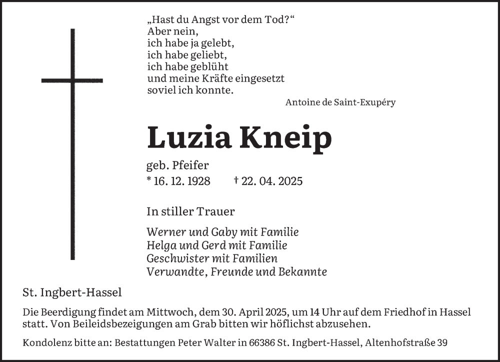  Traueranzeige für Luzia Kneip vom 26.04.2025 aus saarbruecker_zeitung