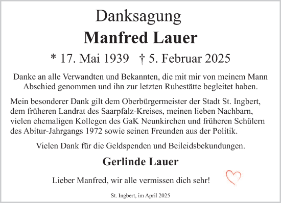 Traueranzeige von Manfred Lauer von saarbruecker_zeitung