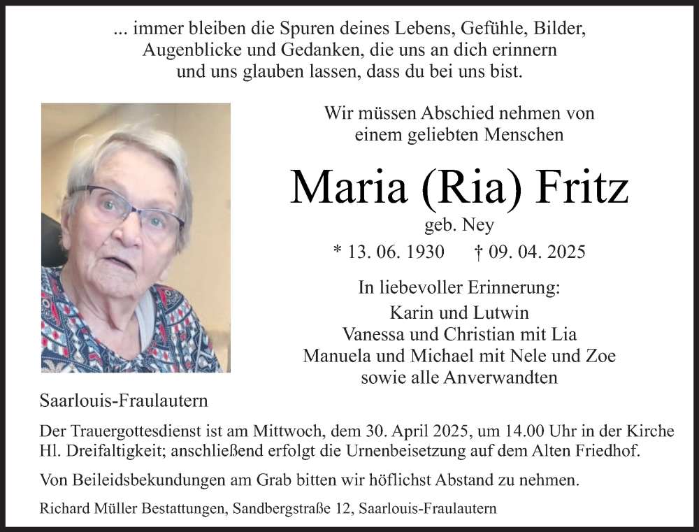  Traueranzeige für Maria Fritz vom 26.04.2025 aus saarbruecker_zeitung
