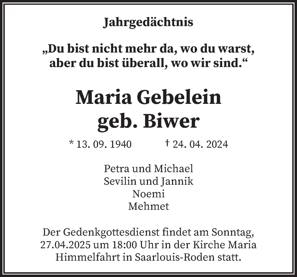  Traueranzeige für Maria Gebelein vom 26.04.2025 aus saarbruecker_zeitung