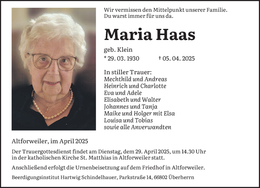  Traueranzeige für Maria Haas vom 26.04.2025 aus saarbruecker_zeitung