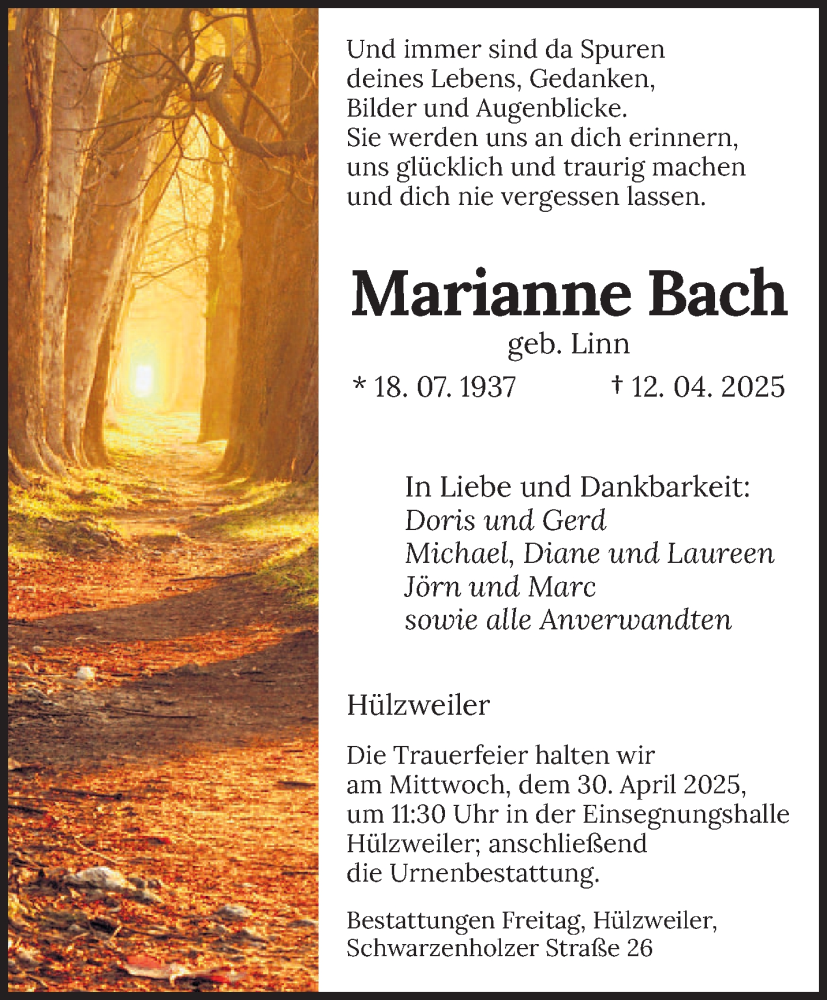  Traueranzeige für Marianne Bach vom 26.04.2025 aus saarbruecker_zeitung