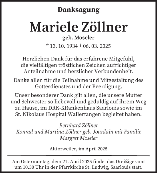 Traueranzeige von Mariele Zöllner von saarbruecker_zeitung