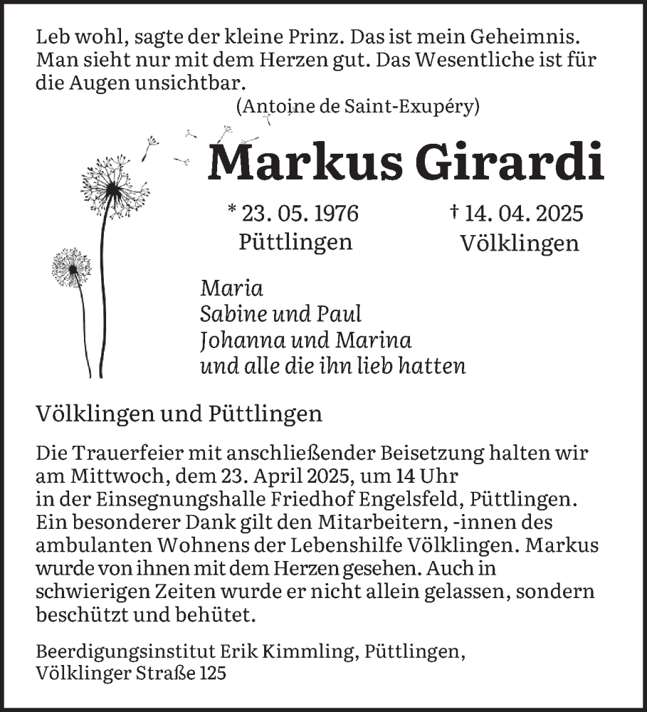  Traueranzeige für Markus Girardi vom 19.04.2025 aus saarbruecker_zeitung