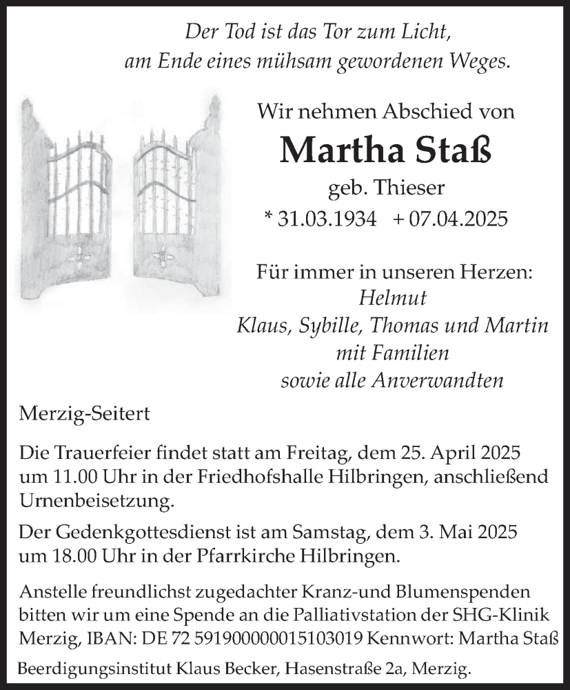  Traueranzeige für Martha Staß vom 19.04.2025 aus saarbruecker_zeitung