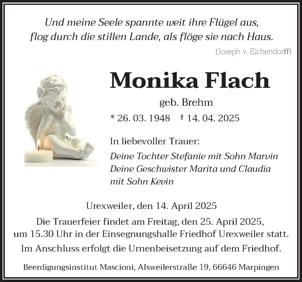  Traueranzeige für Monika Flach vom 22.04.2025 aus saarbruecker_zeitung