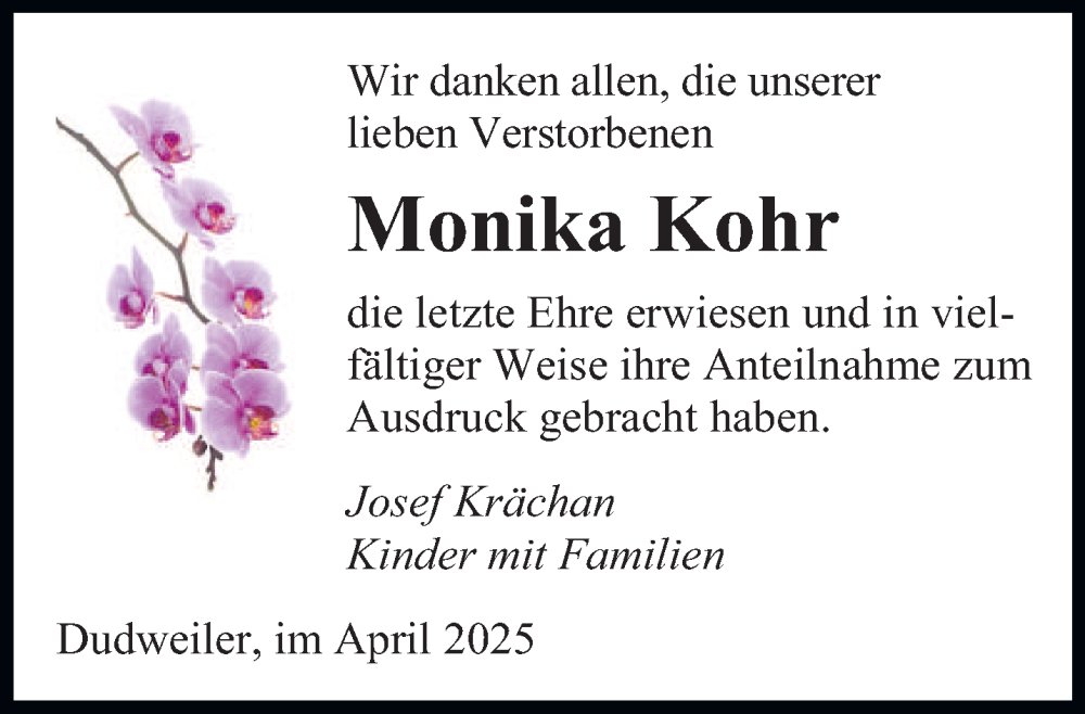  Traueranzeige für Monika Kohr vom 26.04.2025 aus saarbruecker_zeitung