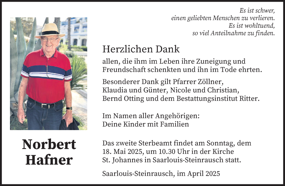  Traueranzeige für Norbert Hafner vom 19.04.2025 aus saarbruecker_zeitung