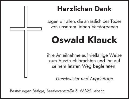 Traueranzeige von Oswald Klauck von saarbruecker_zeitung
