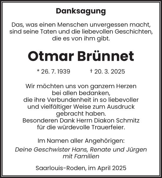 Traueranzeige von Otmar Brünnet von saarbruecker_zeitung